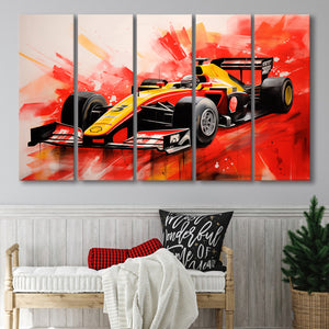 Watercolor  Racing Car Formula One Art Mixed Color,5 Panel Extra Large Canvas Prints Wall Art Decor