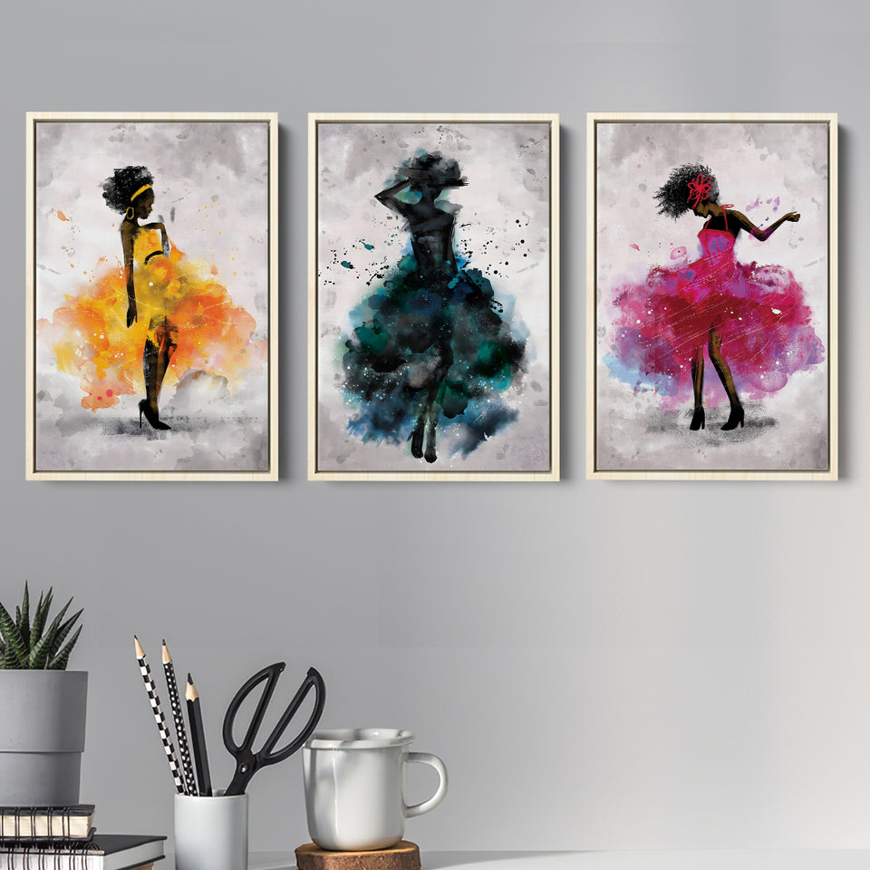 Watercolor Girls Set of 3 Piece Framed Canvas Prints Wall Art Decor