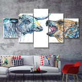 Watercolor Painting Stock Market Art Bull And Bear 5 Pieces Canvas Prints Wall Art - Painting Canvas, Multi Panels, Wall Decor