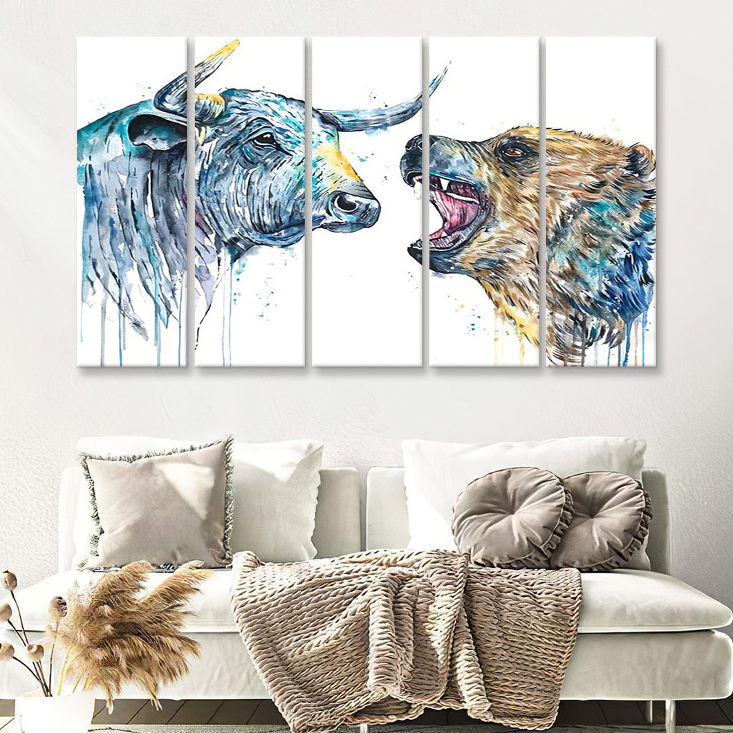 Watercolor Painting Stock Market Art Bull And Bear 5 Pieces B Canvas Prints Wall Art - Painting Canvas, Multi Panels, Wall Decor