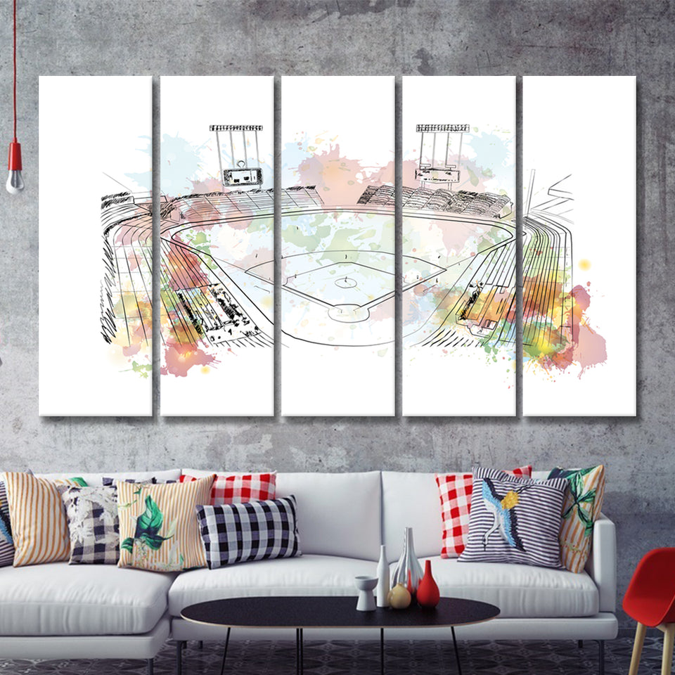 Watercolor Sketch Of Baseball Stadium In Vector Illustration 5 Pieces Canvas Prints Wall Art Decor - Painting Canvas,Multi Panel