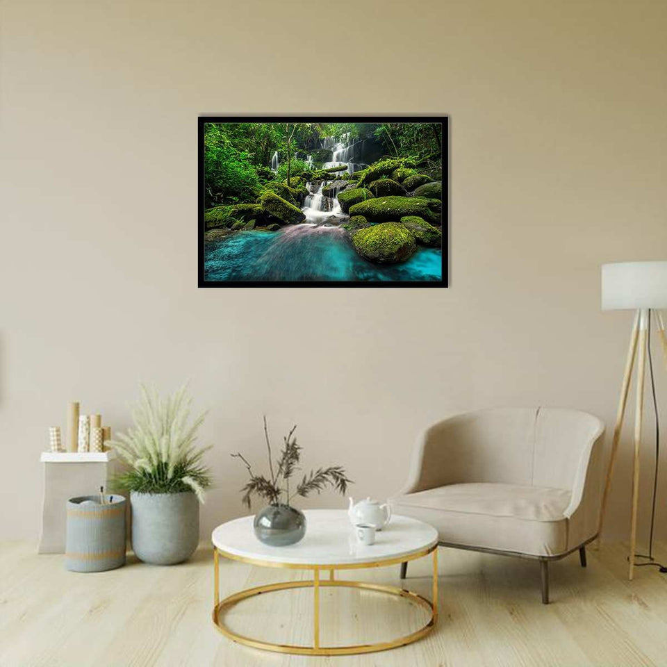 Waterfall in Green Forest-Forest art, Art print, Plexiglass Cover