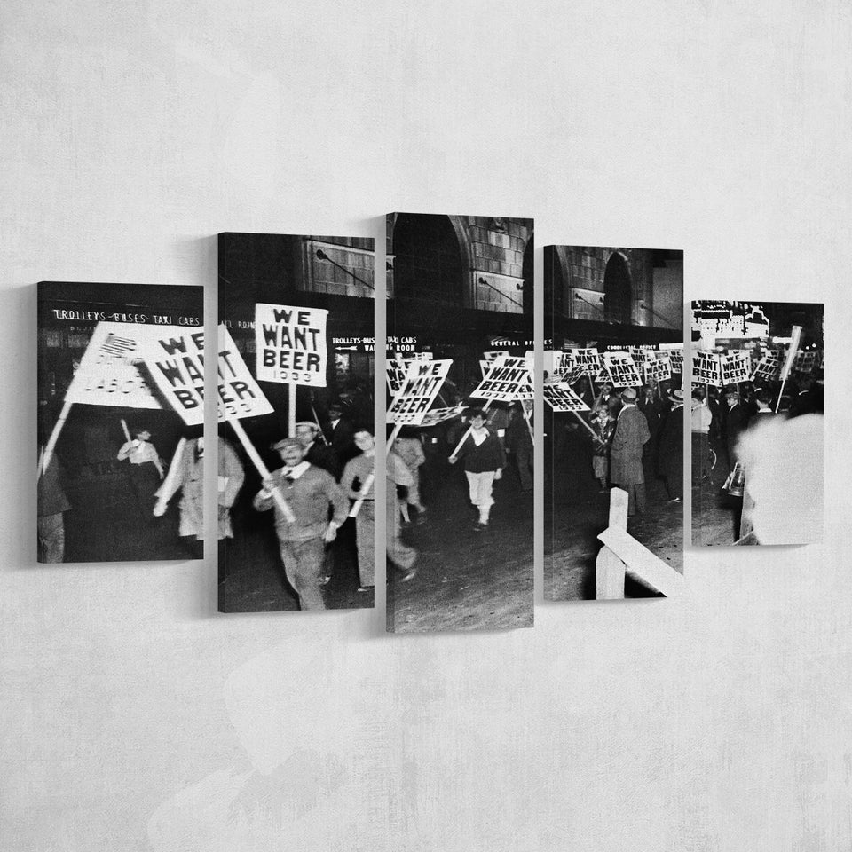 We Want Beer Black And White Print, Prohibition Protest 5 Panels, Canvas Prints Wall Art Decor, Large Canvas Art