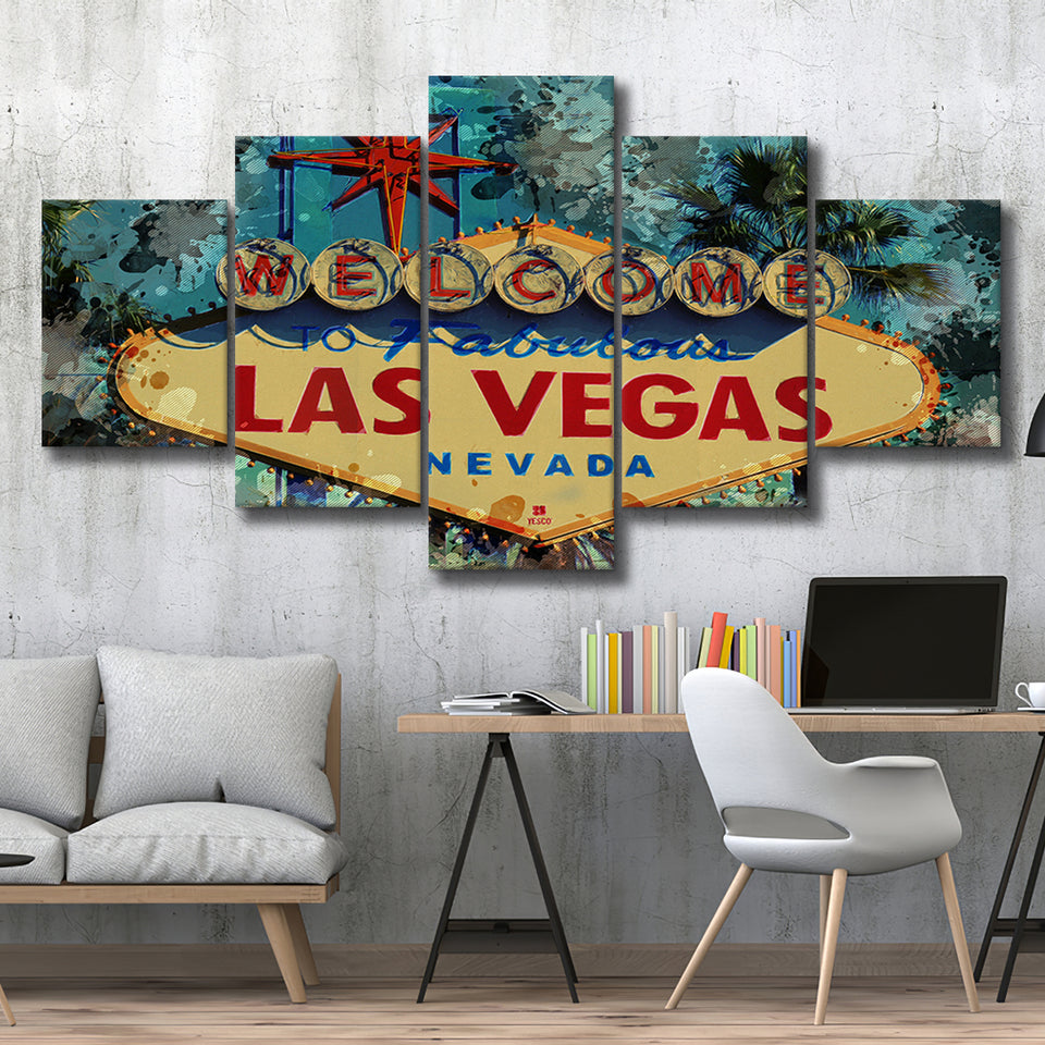 Welcome To Las Vegas 5 Pieces Canvas Prints Wall Art Decor - Painting Canvas, Mixed Canvas, Multi Panels