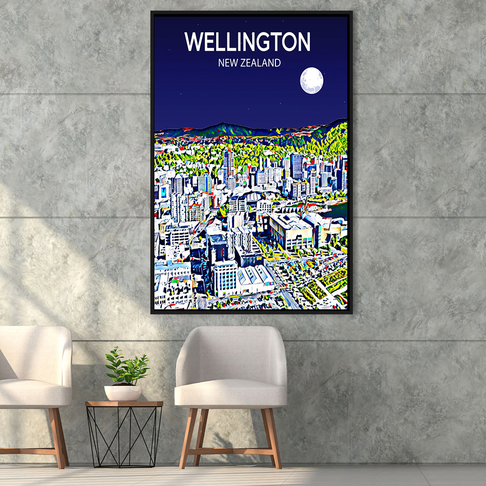 Wellington New Zealand Art Night Art Print, Large Canvas, Framed Canvas Print Wall Art Home Decor, Floating Frame