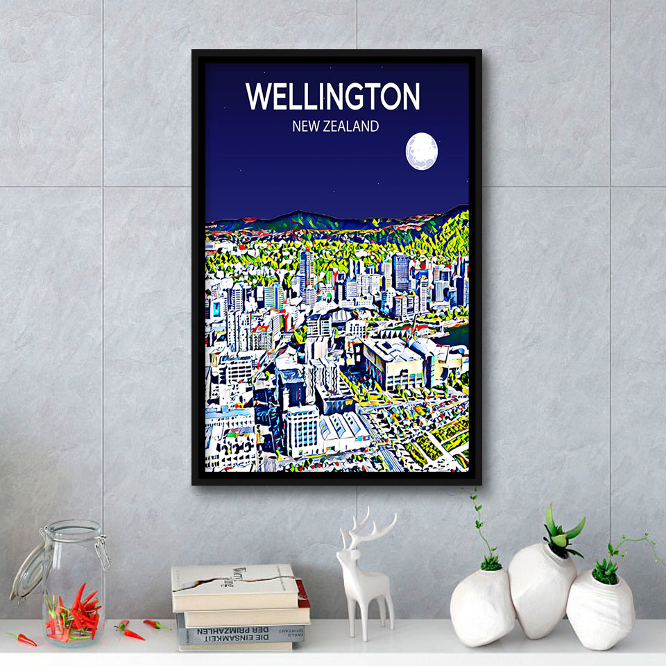 Wellington New Zealand Art Night Art Print, Large Canvas, Framed Canvas Print Wall Art Home Decor, Floating Frame