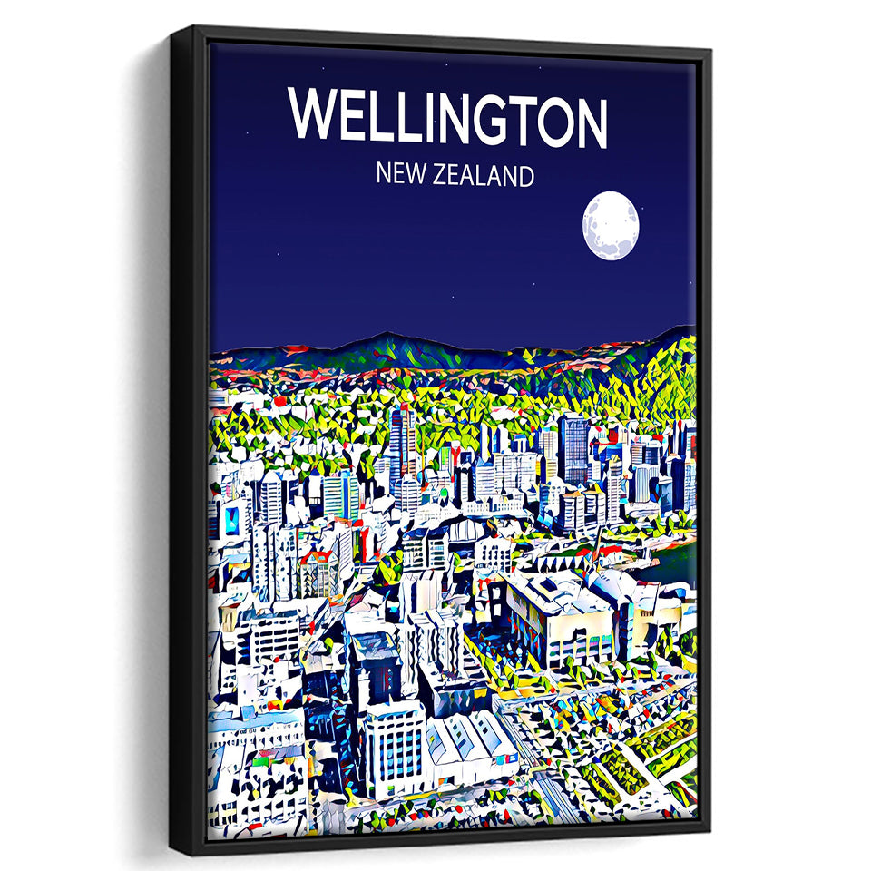 Wellington New Zealand Art Night Art Print, Large Canvas, Framed Canvas Print Wall Art Home Decor, Floating Frame