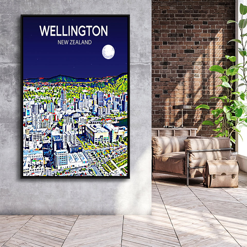 Wellington New Zealand Art Night Art Print, Large Canvas, Framed Canvas Print Wall Art Home Decor, Floating Frame
