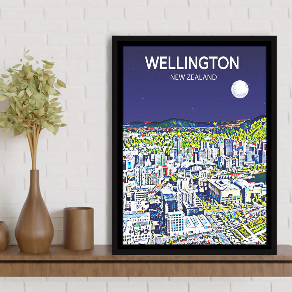Wellington New Zealand Art Night Art Print, Large Canvas, Framed Canvas Print Wall Art Home Decor, Floating Frame