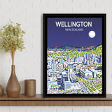 Wellington New Zealand Art Night Art Print, Large Canvas, Framed Canvas Print Wall Art Home Decor, Floating Frame