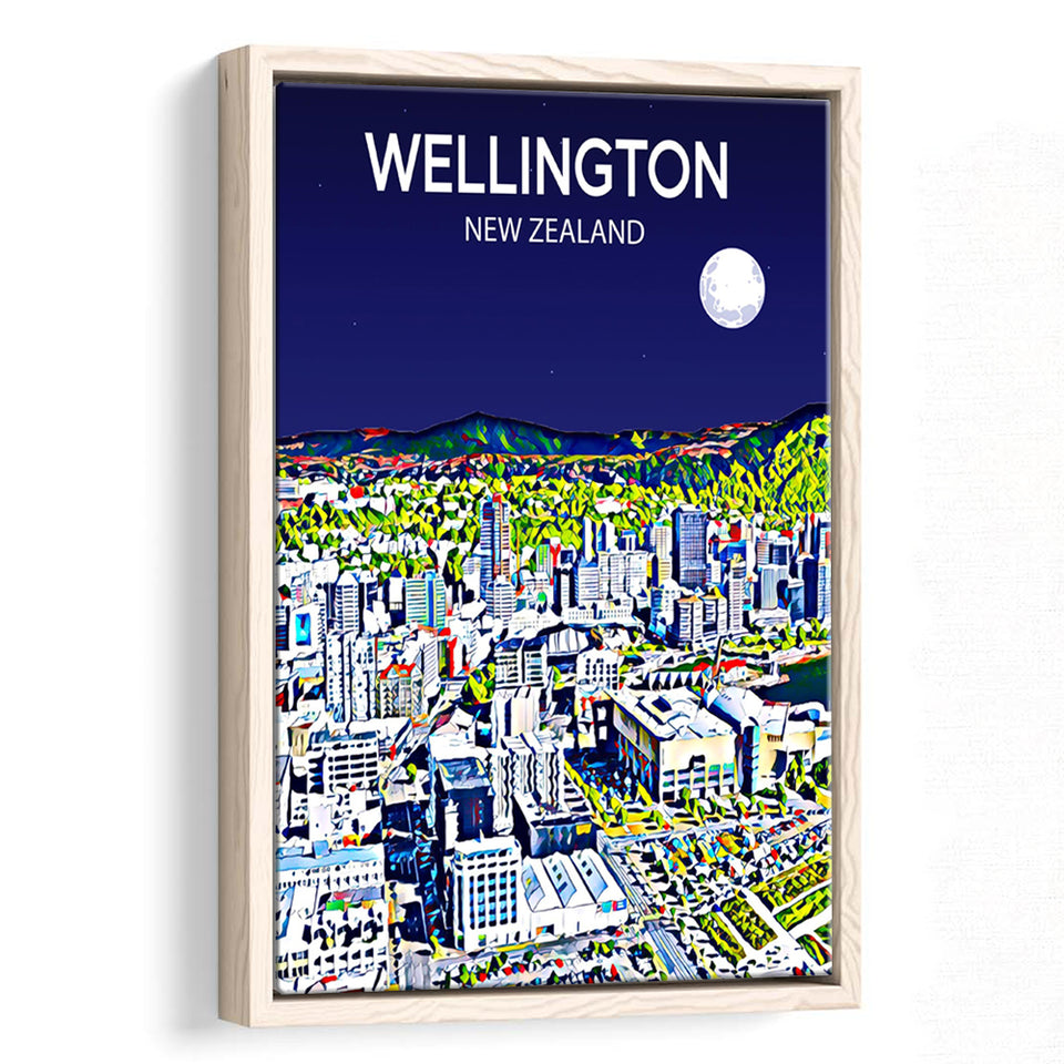 Wellington New Zealand Art Night Art Print, Large Canvas, Framed Canvas Print Wall Art Home Decor, Floating Frame