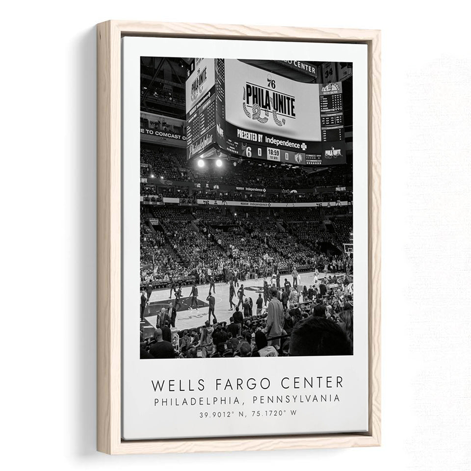 Wells Fargo Center Philadelphia 76Ers Basketball Lovers Black And White Framed Canvas Prints Wall Art Home Decor, Floating Frame