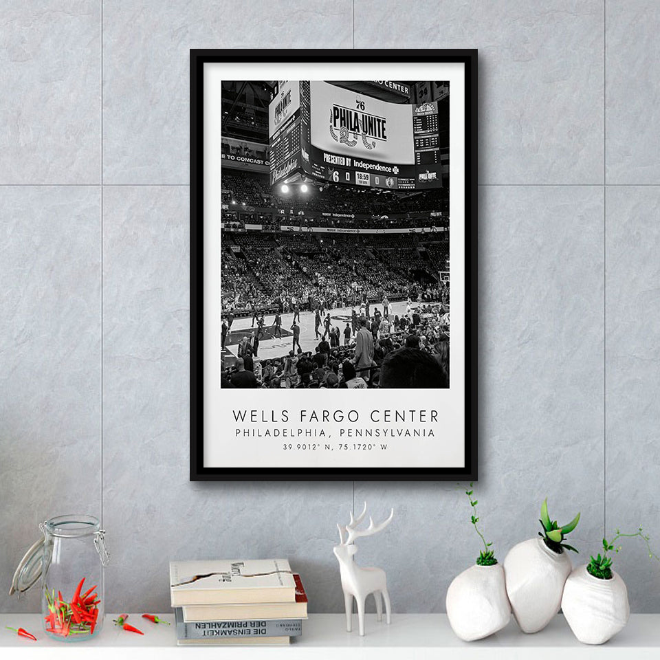 Wells Fargo Center Philadelphia 76Ers Basketball Lovers Black And White Framed Canvas Prints Wall Art Home Decor, Floating Frame