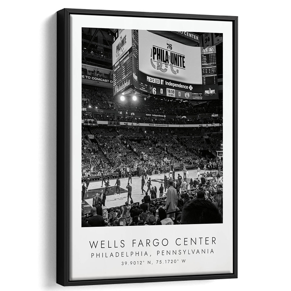 Wells Fargo Center Philadelphia 76Ers Basketball Lovers Black And White Framed Canvas Prints Wall Art Home Decor, Floating Frame