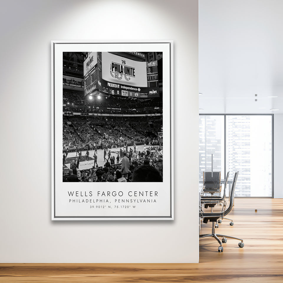 Wells Fargo Center Philadelphia 76Ers Basketball Lovers Black And White Framed Canvas Prints Wall Art Home Decor, Floating Frame