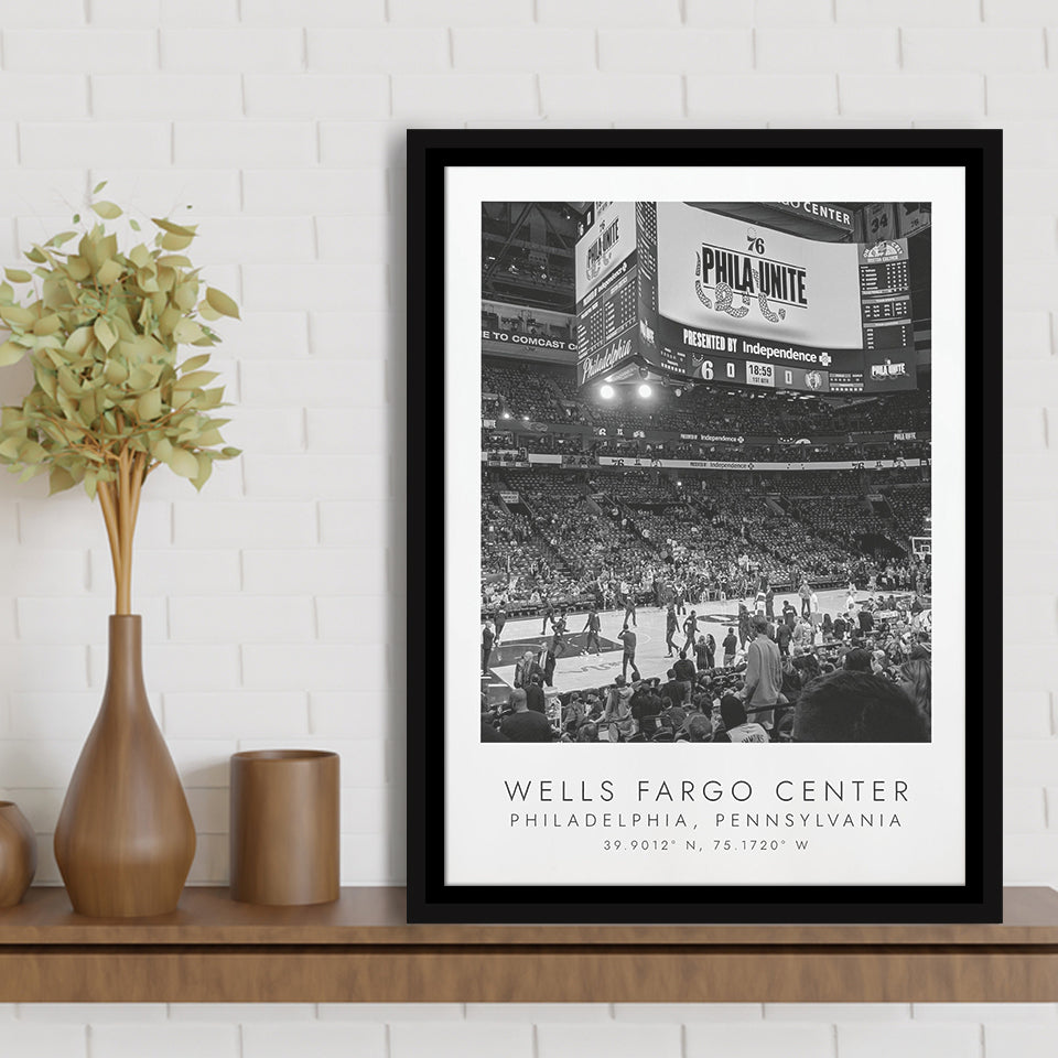 Wells Fargo Center Philadelphia 76Ers Basketball Lovers Black And White Framed Canvas Prints Wall Art Home Decor, Floating Frame