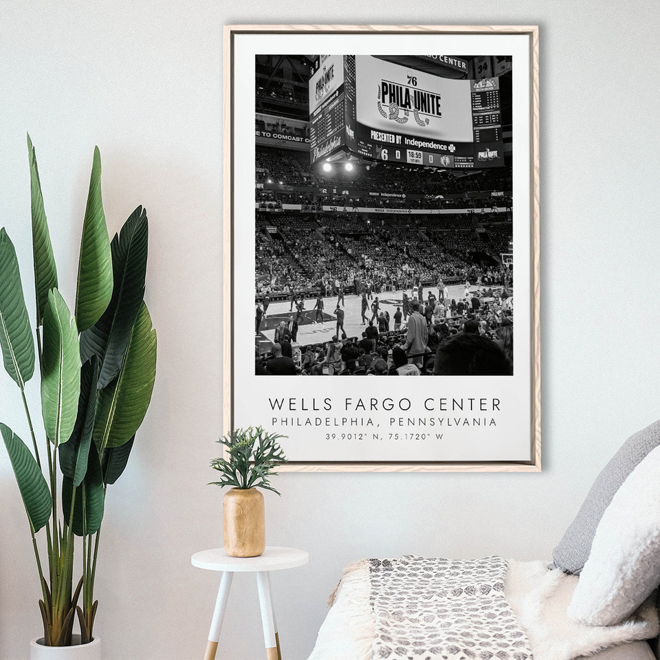 Wells Fargo Center Philadelphia 76Ers Basketball Lovers Black And White Framed Canvas Prints Wall Art Home Decor, Floating Frame