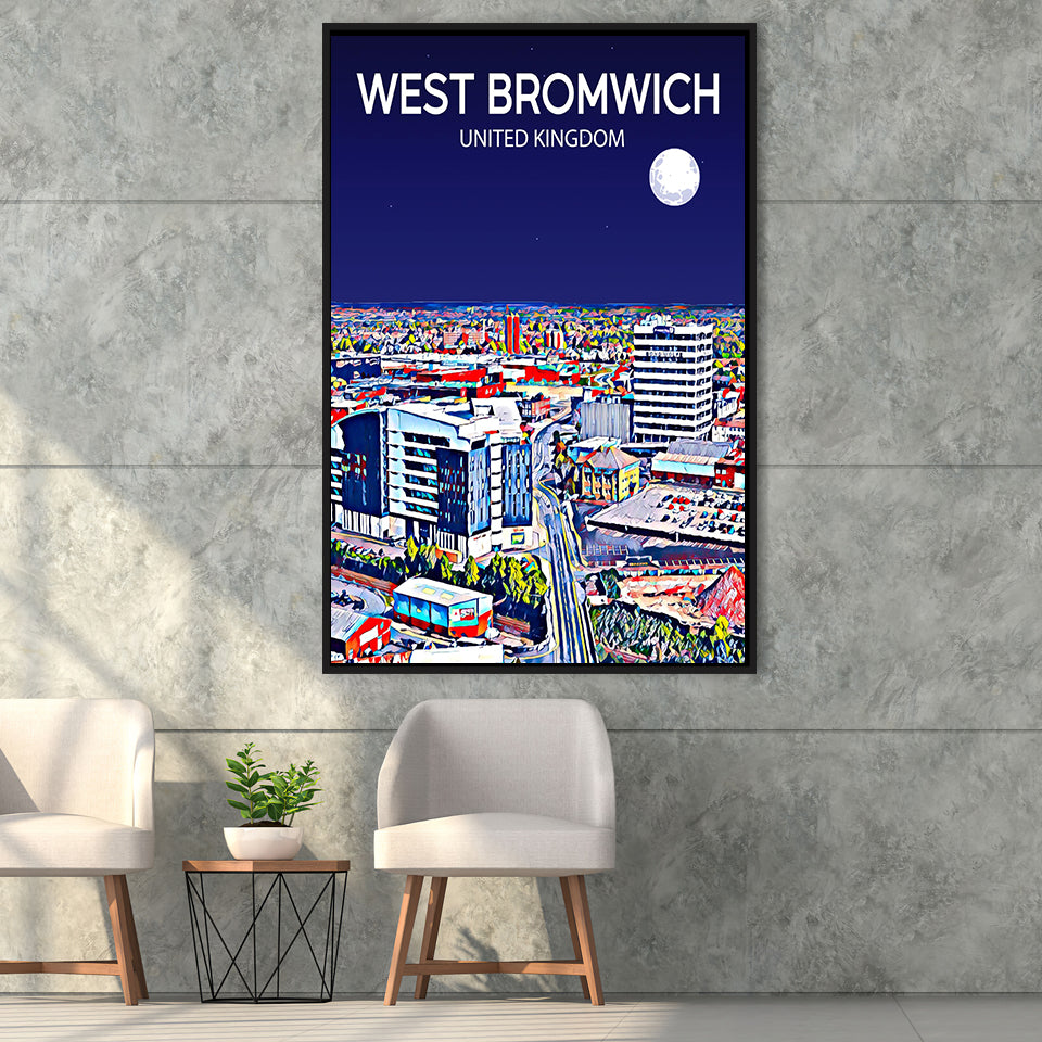 West Bromwich United Kingdom Art Night Art Print, Large Canvas, Framed Canvas Print Wall Art Home Decor, Floating Frame