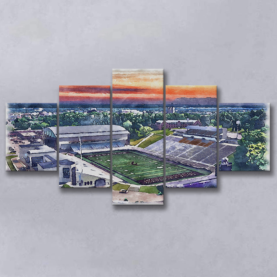Western Michigan Broncos Waldo Stadium Watercolor, 5 Pieces, Multi Panel Canvas Prints Wall Art Decor
