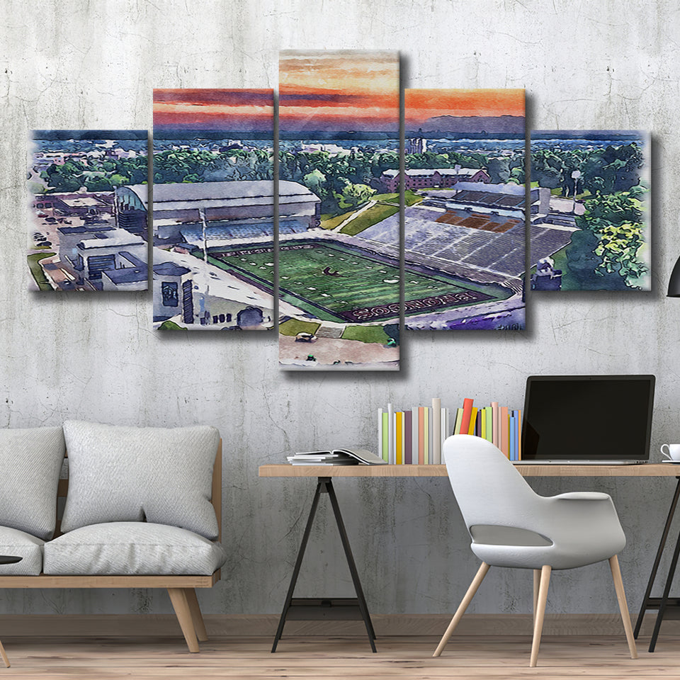 Western Michigan Broncos Waldo Stadium Watercolor, 5 Pieces, Multi Panel Canvas Prints Wall Art Decor