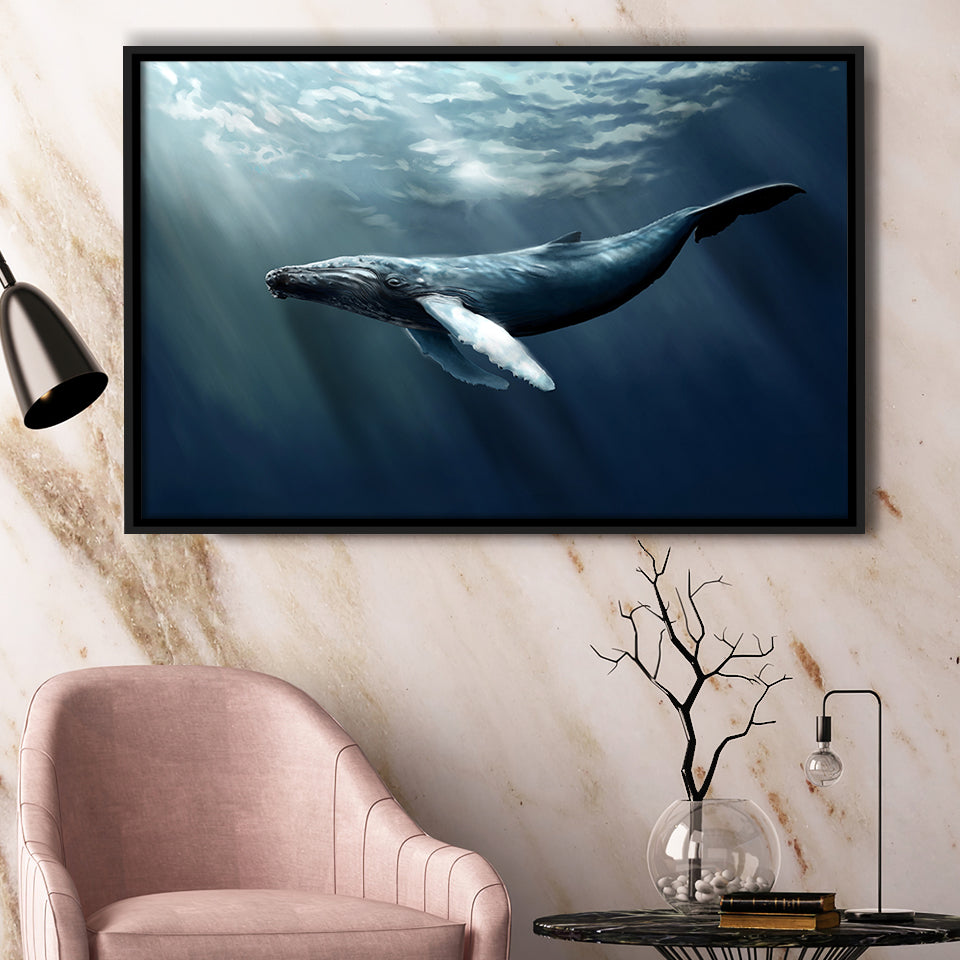 Whale In The Sea Ocean, Framed Canvas Prints Wall Art Home Decor,Floating Frame, Ready to Hang