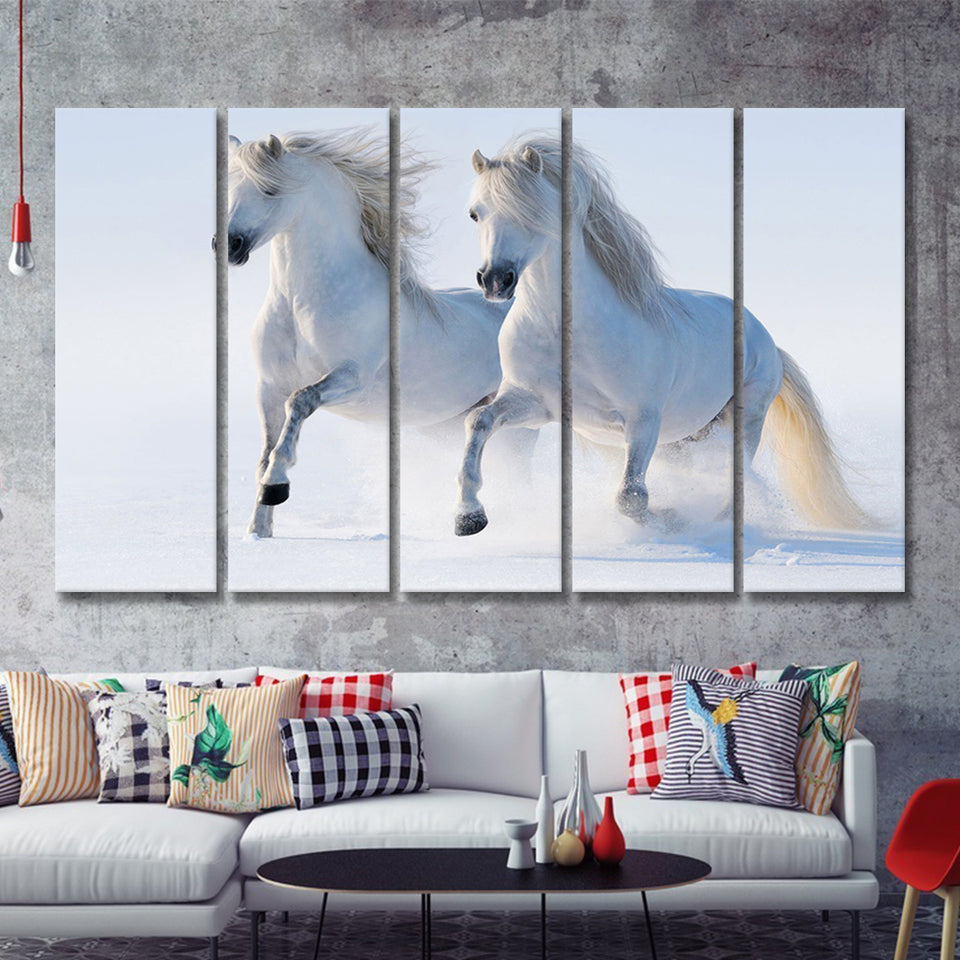 White Horses 5 Piece B Canvas Prints Wall Art Decor - Painting Canvas, Multi Panels