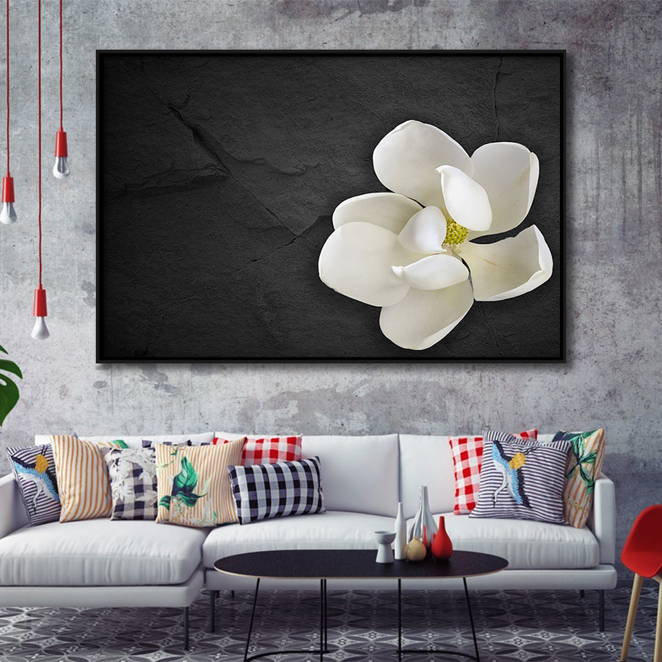 White Magnolia Flower, Floral Framed Canvas Prints Wall Art Decor, Black Floating Frame