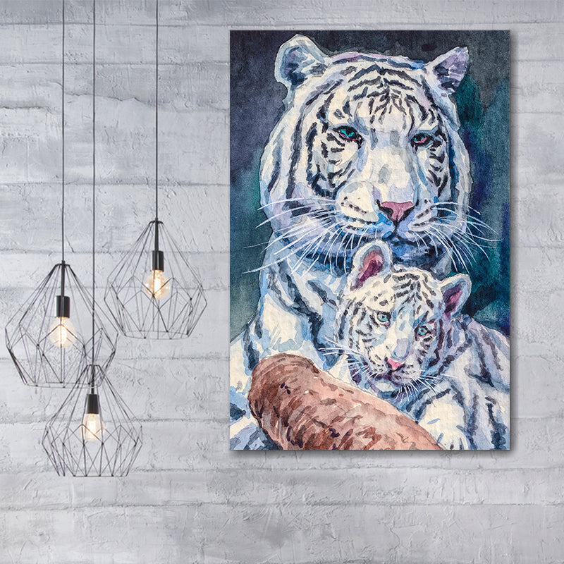 White Tiger Mom And Baby Canvas Wall Art - Canvas Prints, Prints for Sale, Canvas Painting, Home Decor