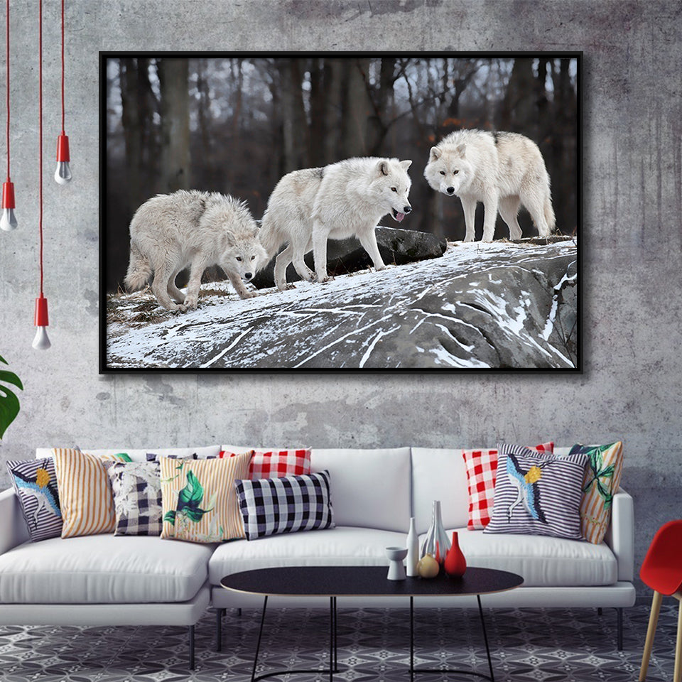 White Wolf Framed Canvas Prints Wall Art Decor, Framed Picture, Floating Frame