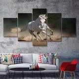 White Andalusian Horse In Desert Dust Against 5 Pieces Canvas Prints Wall Art - Painting Canvas, Multi Panels, Wall Decor