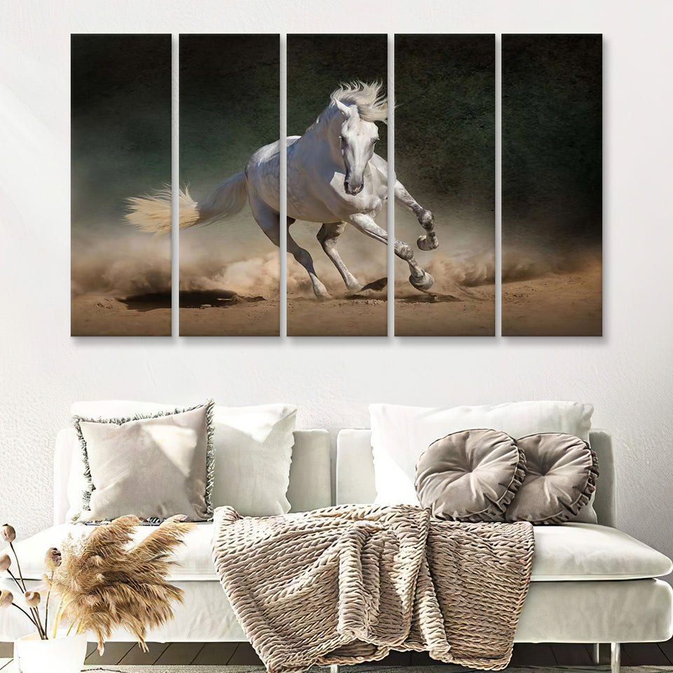 White Andalusian Horse In Desert Dust Against 5 Pieces Canvas Prints Wall Art - Painting Canvas, Multi Panels, Wall Decor