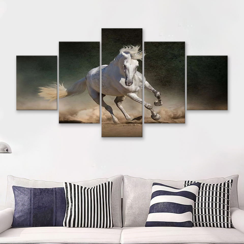 White Andalusian Horse In Desert Dust Against 5 Pieces Canvas Prints Wall Art - Painting Canvas, Multi Panels, Wall Decor
