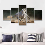 White Andalusian Horse In Desert Dust Against 5 Pieces Canvas Prints Wall Art - Painting Canvas, Multi Panels, Wall Decor