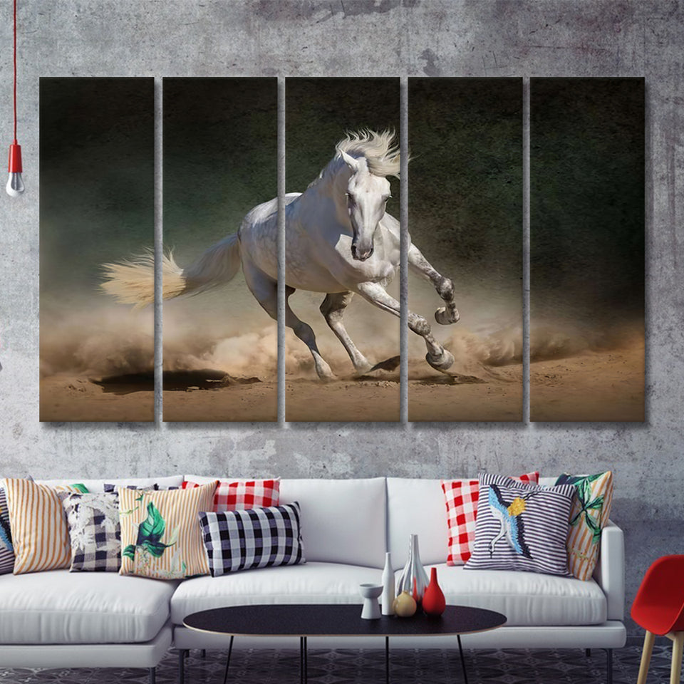 White Andalusian Horse In Desert Dust Against 5 Pieces Canvas Prints Wall Art - Painting Canvas, Multi Panels, Wall Decor