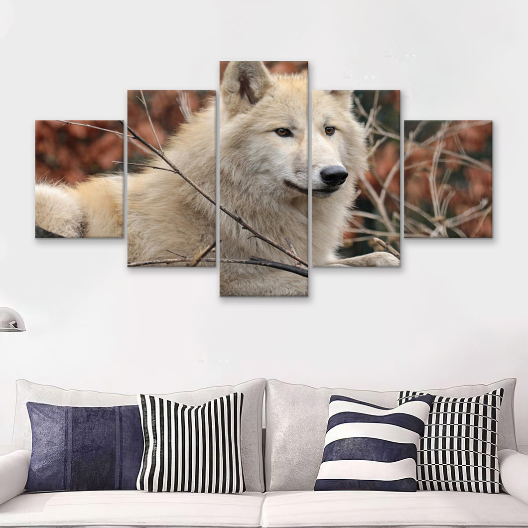 White Forest Wolf  5 Pieces Canvas Prints Wall Art - Painting Canvas, Multi Panels, 5 Panel, Wall Decor