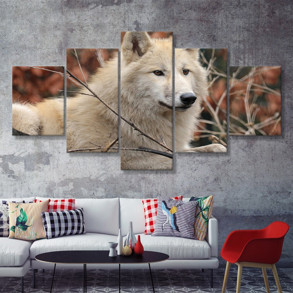 White Forest Wolf  5 Pieces Canvas Prints Wall Art - Painting Canvas, Multi Panels, 5 Panel, Wall Decor