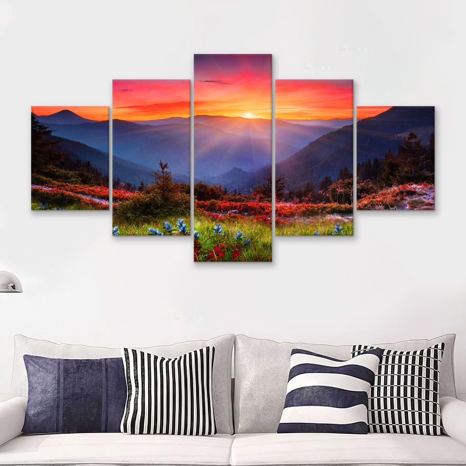 Wide Sunset Mountain  5 Pieces Canvas Prints Wall Art - Painting Canvas, Multi Panels, 5 Panel, Wall Decor