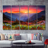 Wide Sunset Mountain 5 Pieces B Canvas Prints Wall Art - Painting Canvas, Multi Panels,5 Panel, Wall Decor
