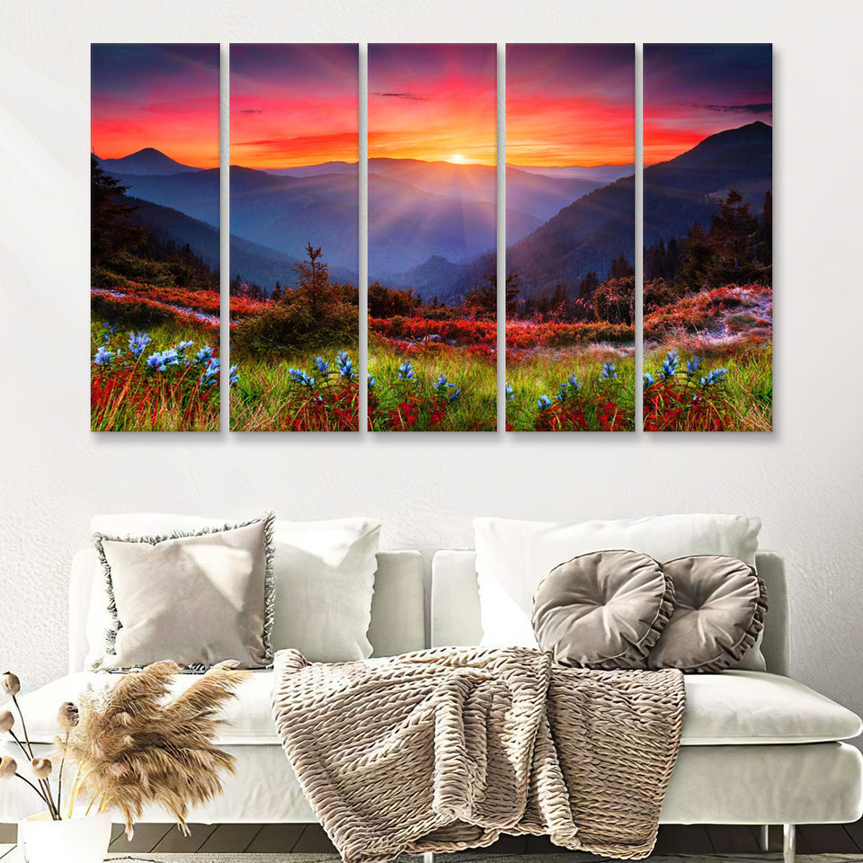 Wide Sunset Mountain 5 Pieces B Canvas Prints Wall Art - Painting Canvas, Multi Panels,5 Panel, Wall Decor