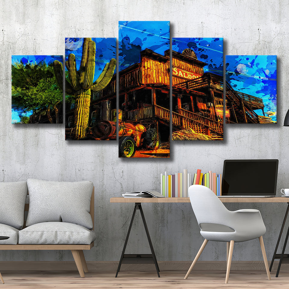 Wild West Saloon Painting 5 Pieces Canvas Prints Wall Art Decor - Painting Canvas, Mixed Canvas, Multi Panels