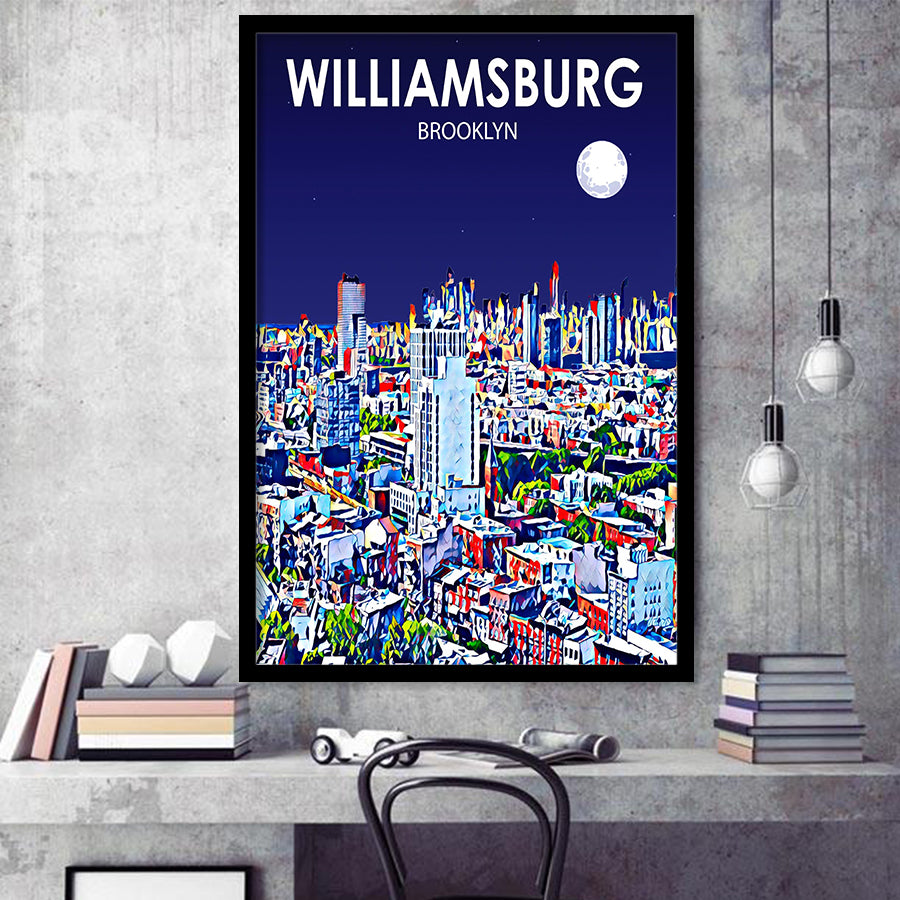 Williamsburg NY Art Brooklyn Night Landscape, City Art Print, Framed Art Print Wall Art Home Decor, Framed Picture