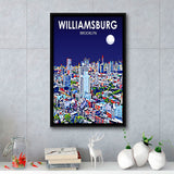 Williamsburg NY Art Brooklyn Night Landscape, Large Canvas, Framed Canvas Print Wall Art Home Decor, Floating Frame