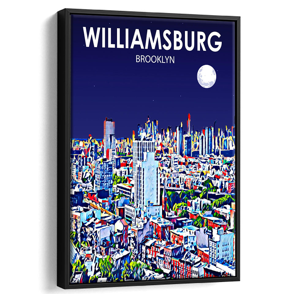 Williamsburg NY Art Brooklyn Night Landscape, Large Canvas, Framed Canvas Print Wall Art Home Decor, Floating Frame