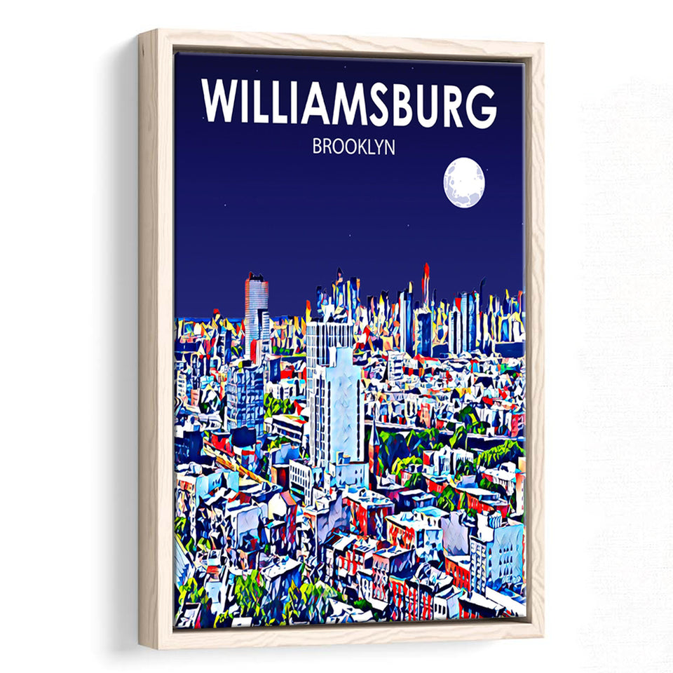 Williamsburg NY Art Brooklyn Night Landscape, Large Canvas, Framed Canvas Print Wall Art Home Decor, Floating Frame