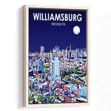 Williamsburg NY Art Brooklyn Night Landscape, Large Canvas, Framed Canvas Print Wall Art Home Decor, Floating Frame