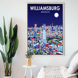 Williamsburg NY Art Brooklyn Night Landscape, Large Canvas, Framed Canvas Print Wall Art Home Decor, Floating Frame