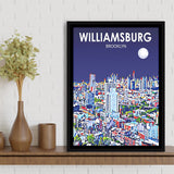 Williamsburg NY Art Brooklyn Night Landscape, Large Canvas, Framed Canvas Print Wall Art Home Decor, Floating Frame