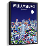 Williamsburg NY Art Brooklyn Night Landscape, Large Canvas, Framed Canvas Print Wall Art Home Decor, Floating Frame