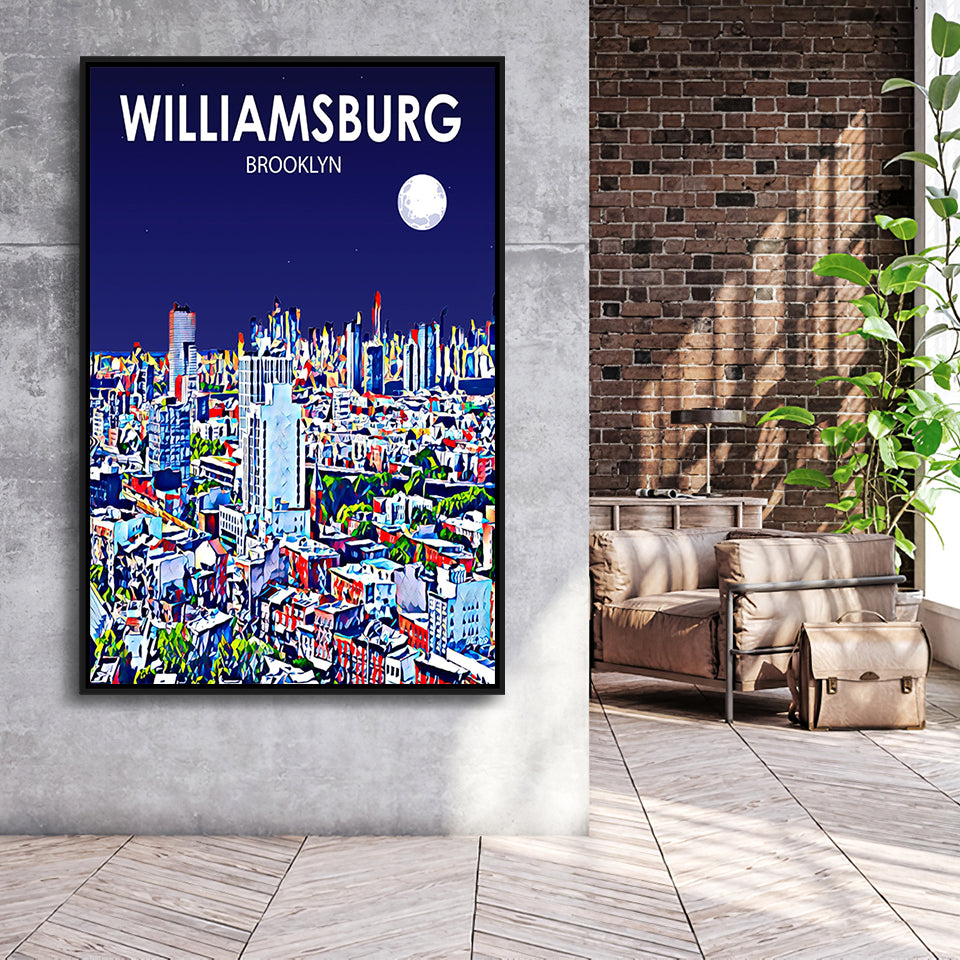 Williamsburg NY Art Brooklyn Night Landscape, Large Canvas, Framed Canvas Print Wall Art Home Decor, Floating Frame