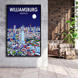 Williamsburg NY Art Brooklyn Night Landscape, Large Canvas, Framed Canvas Print Wall Art Home Decor, Floating Frame